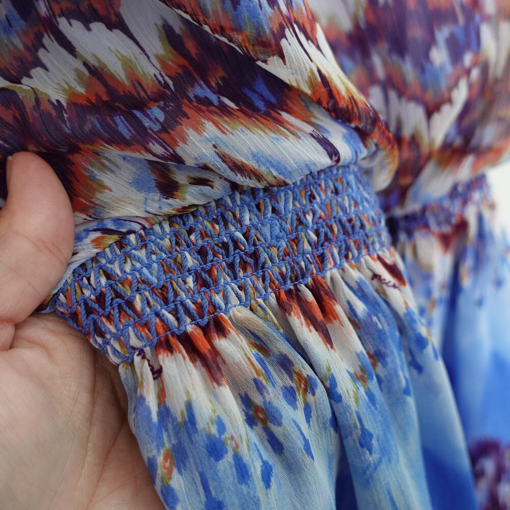 Guess Blue Multicolor Short Mini Boho Flutter Sleeve Blouson Dress Size Large - Picture 5 of 9